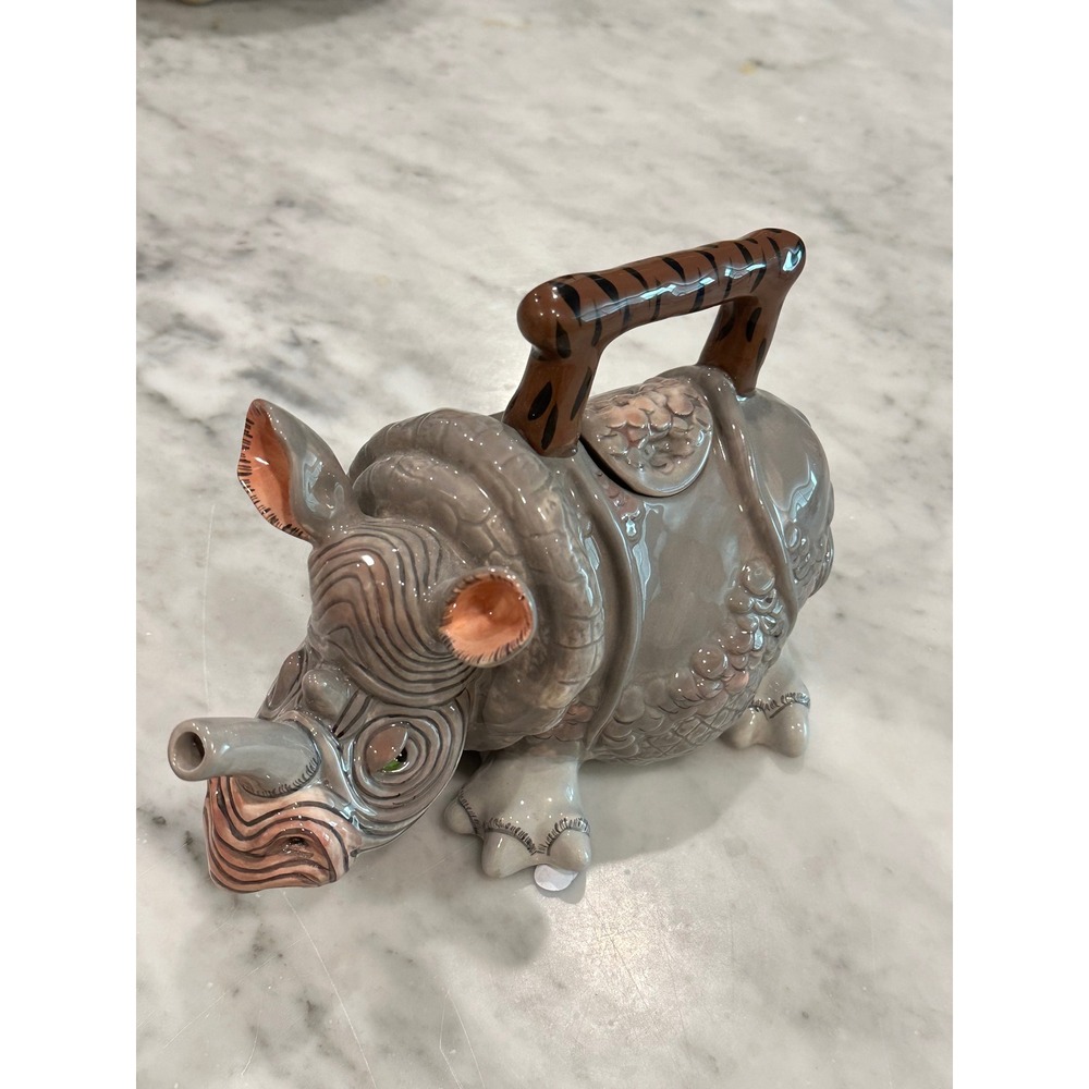 Whimsical Blue Sky Clayworks Rhino Teapot Lynda Corneille Ceramic Animal 40oz